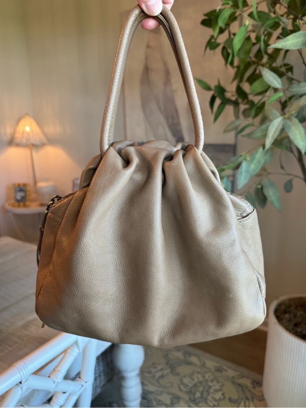 HOBO International Darling Leather Slouchy Satchel Bag Taupe Top Handle